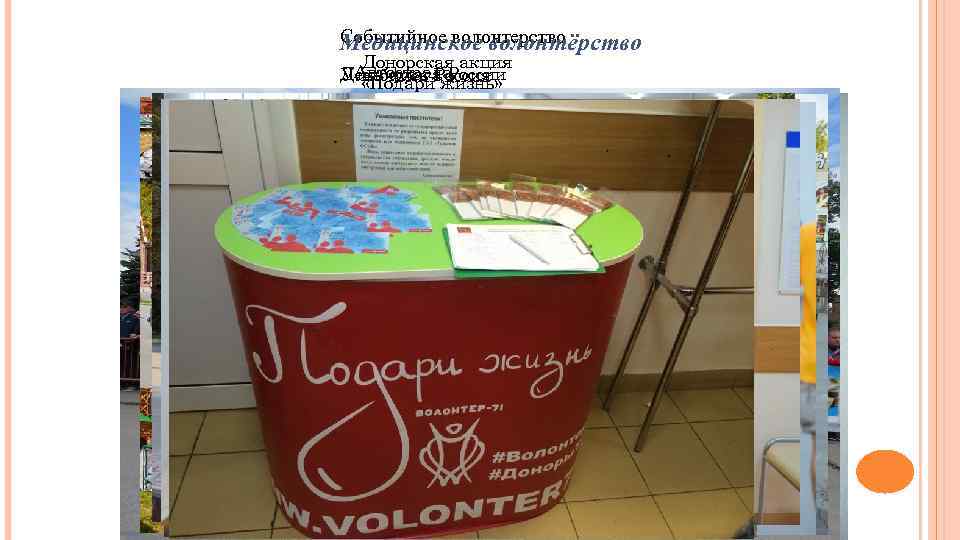 Событийное волонтерство Медицинское волонтёрство Донорская акция Автострада День флага России Улыбнись Россия «Подари жизнь»
