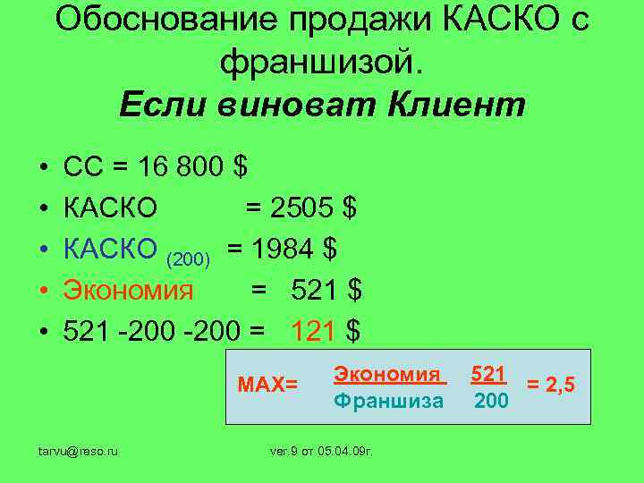 Обоснование продажи КАСКО с франшизой. Если виноват Клиент • • • CC = 16