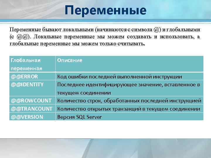 Переменные бывают локальными (начинаются с символа @) и глобальными (с @@). Локальные переменные мы