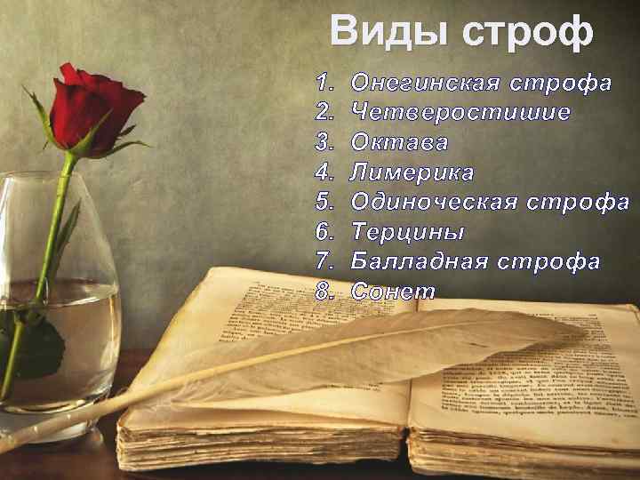 Виды строф 1. 2. 3. 4. 5. 6. 7. 8. Онегинская строфа Четверостишие Октава