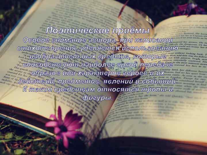 Поэтические приёмы Особое внимание автора, при написании стихотворения, уделяется использованию изобразительных средств, которые способствуют