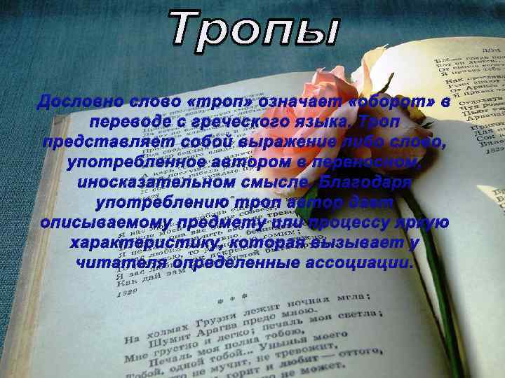 Дословно слово «троп» означает «оборот» в переводе с греческого языка. Троп представляет собой выражение