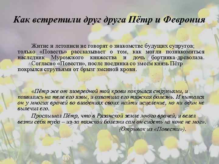 Как встретили друга Пётр и Феврония Житие и летописи не говорят о знакомстве будущих