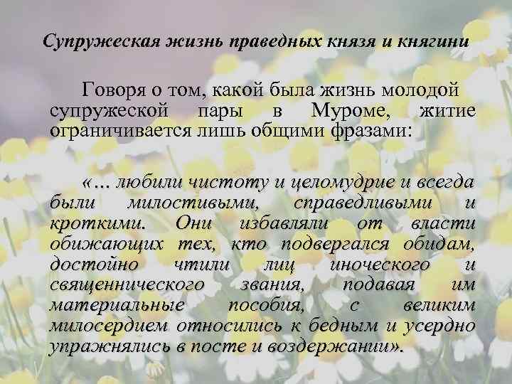 Супружеская жизнь праведных князя и княгини Говоря о том, какой была жизнь молодой супружеской