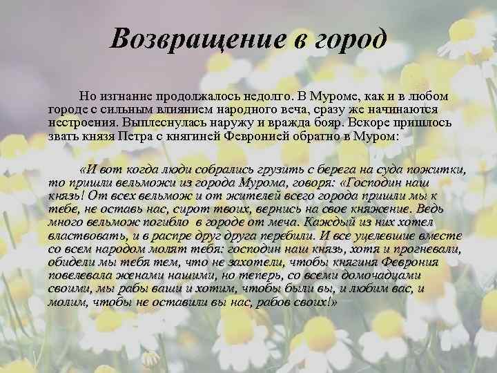 Возвращение в город Но изгнание продолжалось недолго. В Муроме, как и в любом городе