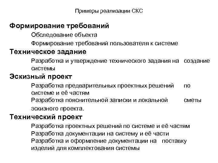 Примеры реализации СКС Формирование требований Обследование объекта Формирование требований пользователя к системе Техническое задание