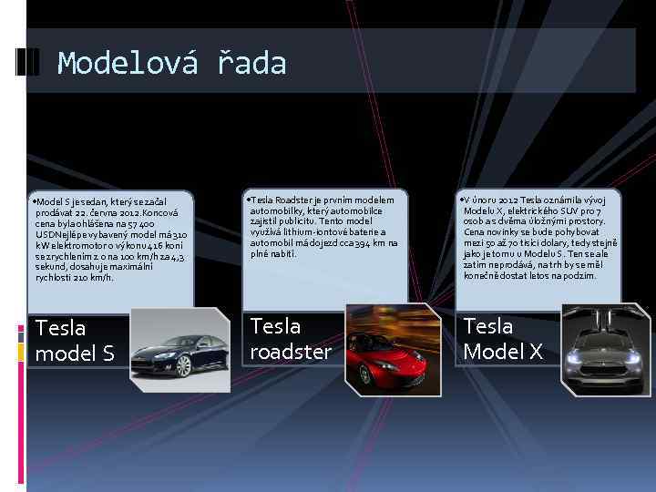 Modelová řada • Model S je sedan, který se začal prodávat 22. června 2012.