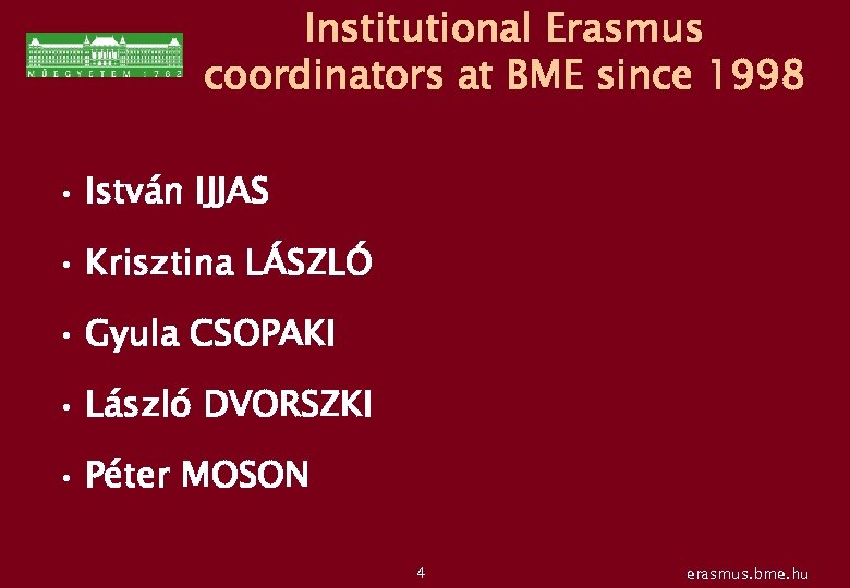 Institutional Erasmus coordinators at BME since 1998 • István IJJAS • Krisztina LÁSZLÓ •