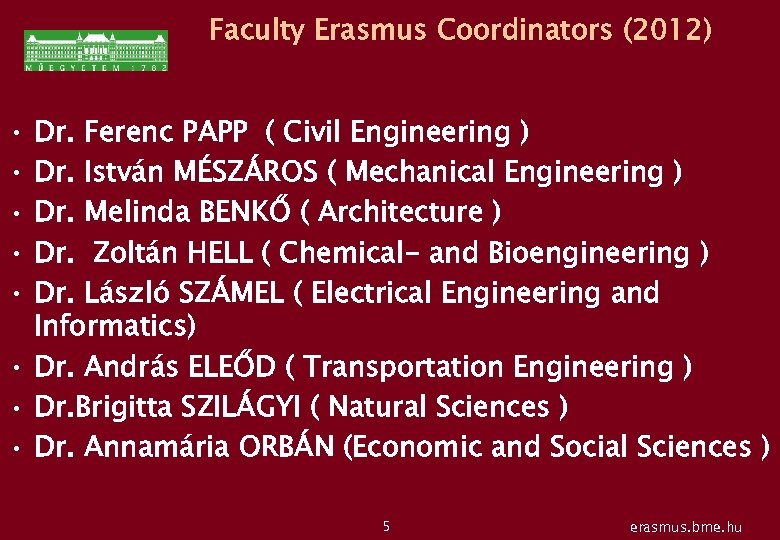 Faculty Erasmus Coordinators (2012) • • • Dr. Ferenc PAPP ( Civil Engineering )
