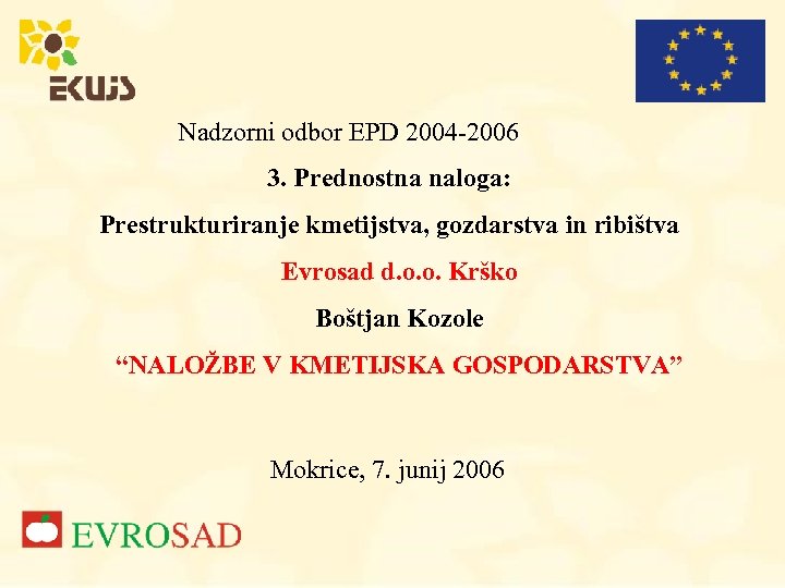 Nadzorni odbor EPD 2004 -2006 3. Prednostna naloga: Prestrukturiranje kmetijstva, gozdarstva in ribištva Evrosad