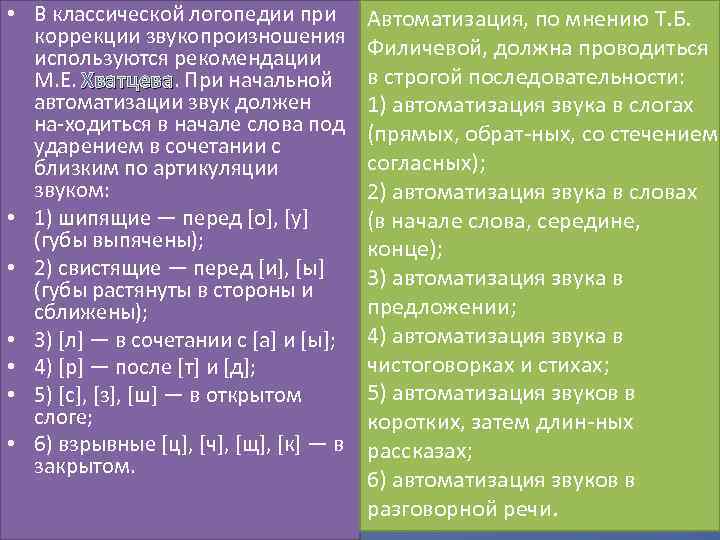  • В классической логопедии при коррекции звукопроизношения используются рекомендации М. Е. Хватцева. При
