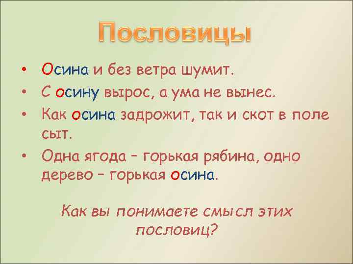  • Осина и без ветра шумит. • С осину вырос, а ума не