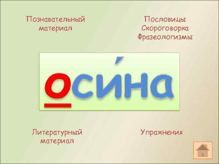 Познавательный материал Литературный материал Пословицы Скороговорка Фразеологизмы Упражнения 