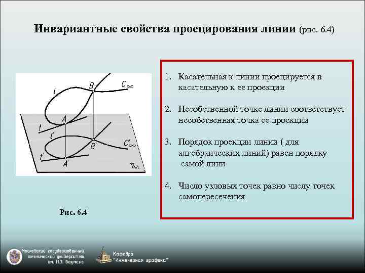 Инвариантные свойства проецирования линии (рис. 6. 4) 1. Касательная к линии проецируется в касательную