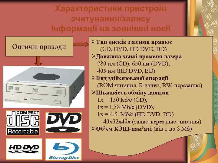 Характеристики пристроїв зчитування/запису інформації на зовнішні носії Оптичні приводи ØТип дисків з якими працює