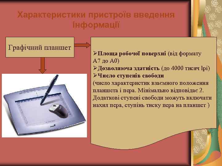 Характеристики пристроїв введення інформації Графічний планшет ØПлоща робочої поверхні (від формату А 7 до