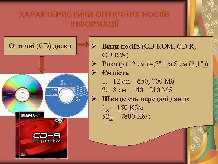 ХАРАКТЕРИСТИКИ ОПТИЧНИХ НОСІЇВ ІНФОРМАЦІЇ Оптичні (CD) диски Ø Види носіїв (CD-ROM, CD-R, CD-RW) Ø