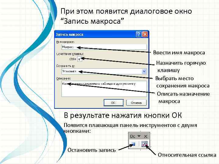 Запись окна. Диалоговое окно это в информатике. Диалоговое окно запись макроса. Назначение диалоговых окон. Панель диалоговое окно.