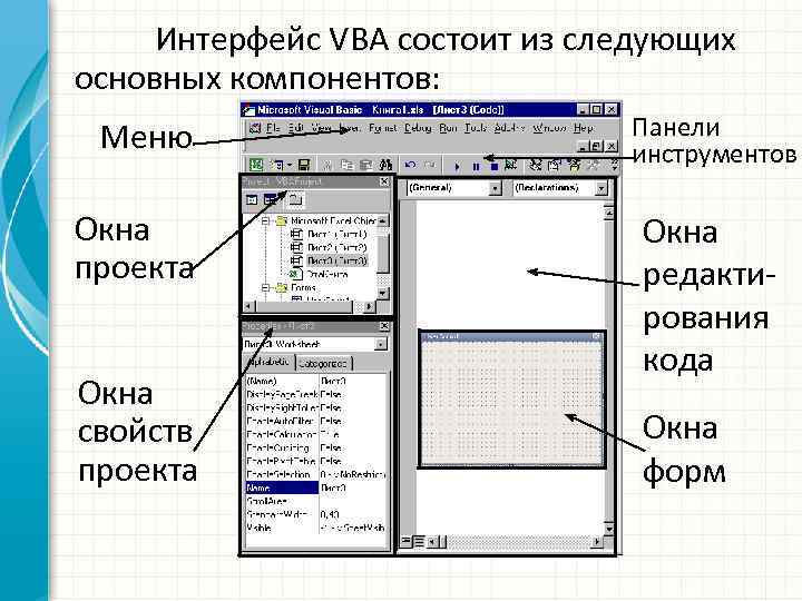 Меню окна. Основные элементы управления Visual Basic. Visual Basic Интерфейс. Интерфейс программы Visual Basic. Интерфейс ВБА.