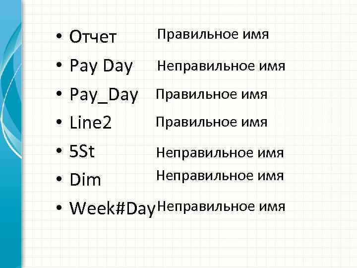  • • Правильное имя Отчет Рay Day Неправильное имя Pay_Day Правильное имя Line