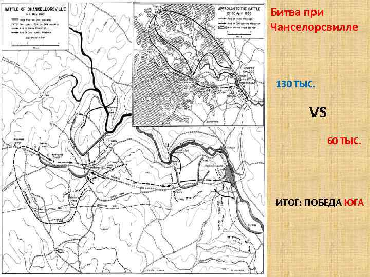 Битва при Чанселорсвилле 130 ТЫС. VS 60 ТЫС. ИТОГ: ПОБЕДА ЮГА 