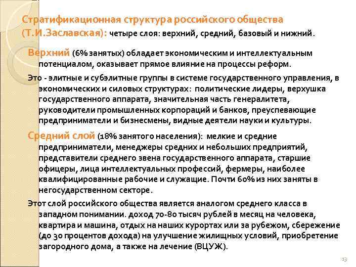 Стратификационная структура российского общества (Т. И. Заславская): четыре слоя: верхний, средний, базовый и нижний.