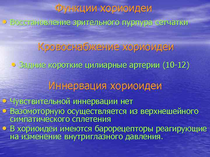 Функции хориоидеи • Восстановление зрительного пурпура сетчатки Кровоснабжение хориоидеи • Задние короткие цилиарные артерии