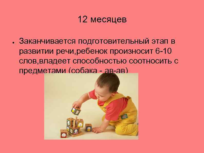 12 месяцев ● Заканчивается подготовительный этап в развитии речи, ребенок произносит 6 -10 слов,