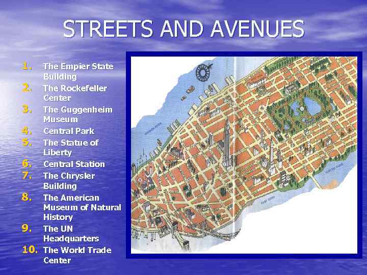 STREETS AND AVENUES 1. 2. 3. 4. 5. 6. 7. 8. 9. 10. The