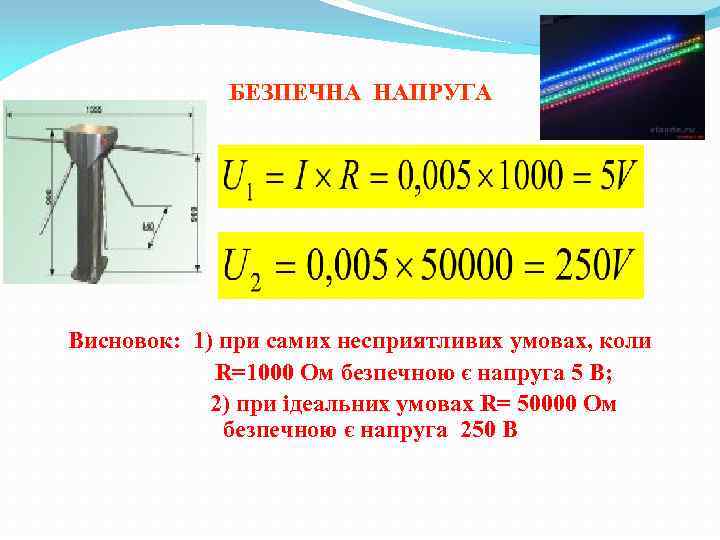 БЕЗПЕЧНА НАПРУГА Висновок: 1) при самих несприятливих умовах, коли R=1000 Ом безпечною є напруга