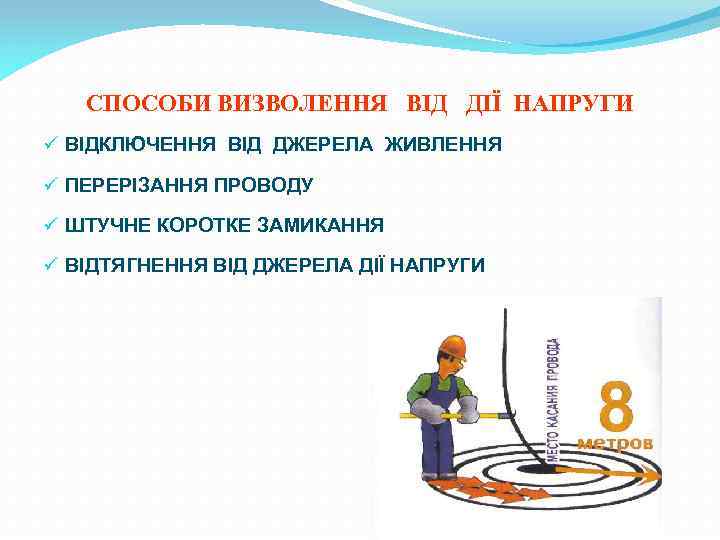 СПОСОБИ ВИЗВОЛЕННЯ ВІД ДІЇ НАПРУГИ ü ВІДКЛЮЧЕННЯ ВІД ДЖЕРЕЛА ЖИВЛЕННЯ ü ПЕРЕРІЗАННЯ ПРОВОДУ ü