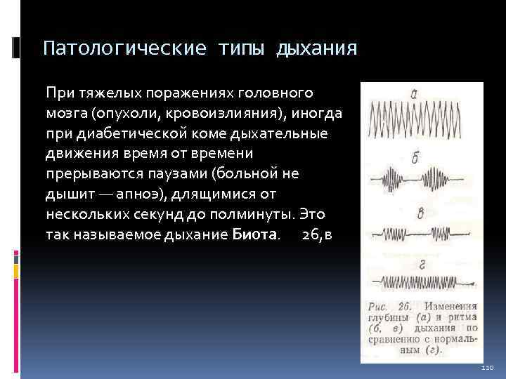 Патологические типы дыхания При тяжелых поражениях головного мозга (опухоли, кровоизлияния), иногда при диабетической коме