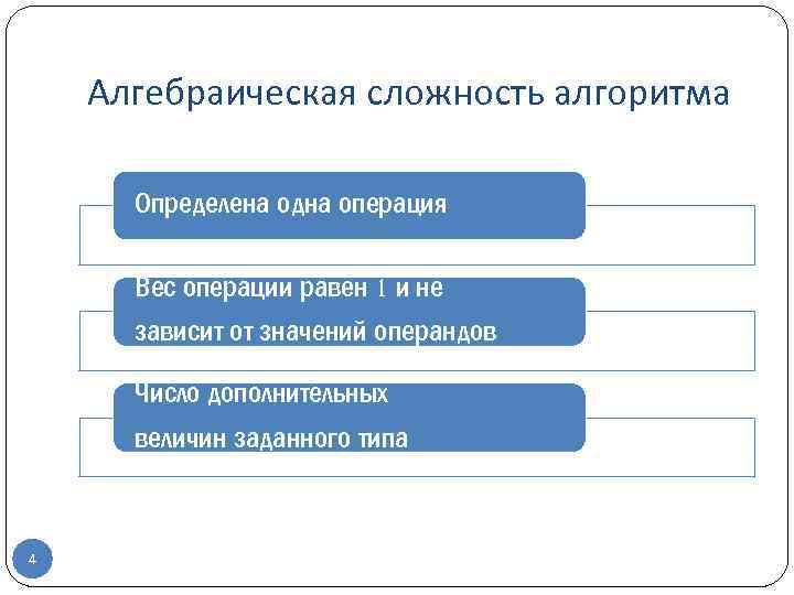 Алгебраическая сложность алгоритма Определена одна операция Вес операции равен 1 и не зависит от