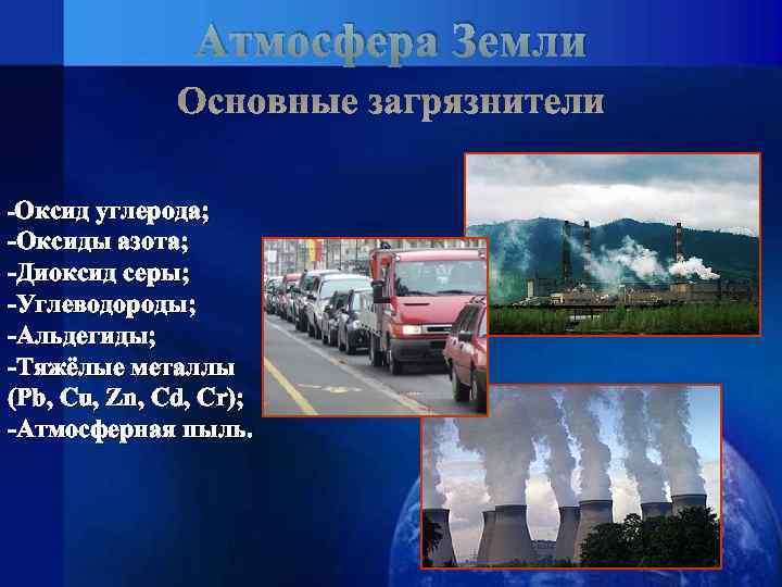 Атмосфера Земли Основные загрязнители -Оксид углерода; -Оксиды азота; -Диоксид серы; -Углеводороды; -Альдегиды; -Тяжёлые металлы