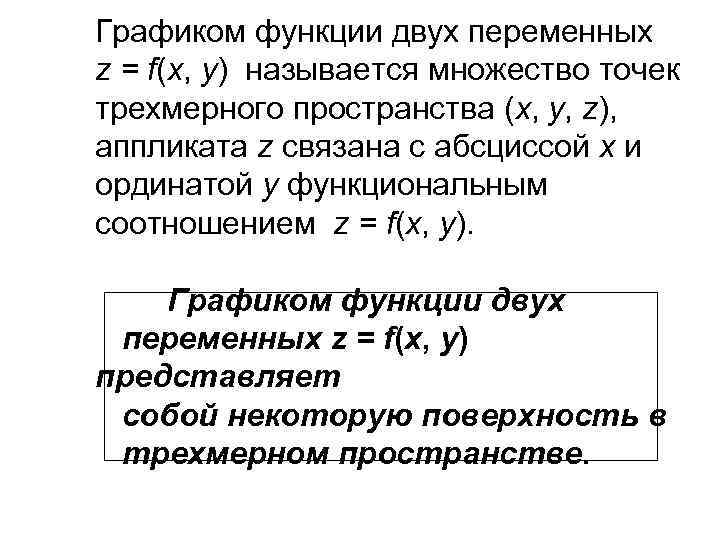 Графиком функции двух переменных z = f(x, y) называется множество точек трехмерного пространства (х,