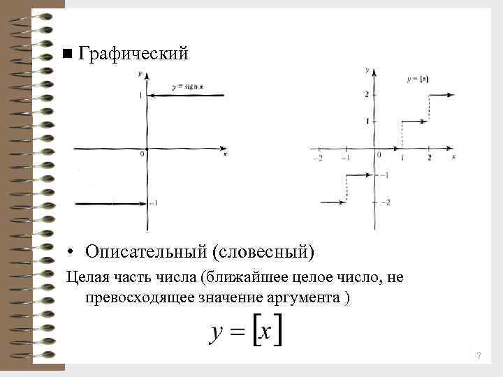 n Графический • Описательный (словесный) Целая часть числа (ближайшее целое число, не превосходящее значение