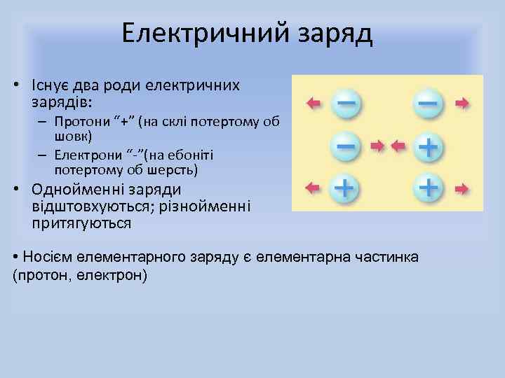 Електричний заряд • Існує два роди електричних зарядів: – Протони “+” (на склі потертому