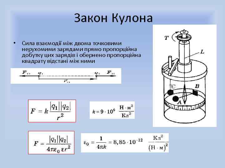 Закон Кулона • Сила взаємодії між двома точковими нерухомими зарядами прямо пропорційна добутку цих