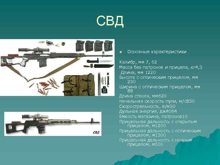 СВД u Основные характеристики Калибр, мм 7, 62 Масса без патронов и прицела, кг