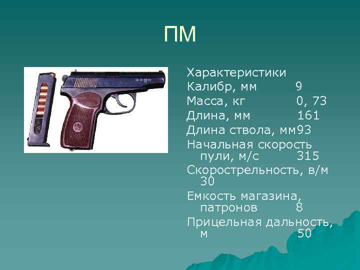 ПМ Характеристики Калибр, мм 9 Масса, кг 0, 73 Длина, мм 161 Длина ствола,