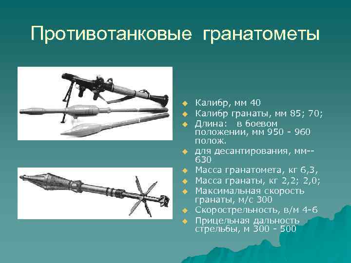 Противотанковые гранатометы u u u u u Калибр, мм 40 Калибр гранаты, мм 85;