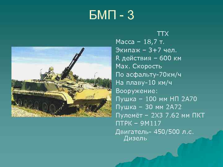 БМП - 3 ТТХ Масса – 18, 7 т. Экипаж – 3+7 чел. R