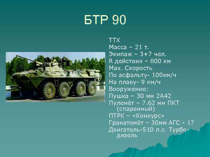 БТР 90 ТТХ Масса – 21 т. Экипаж – 3+7 чел. R действия –