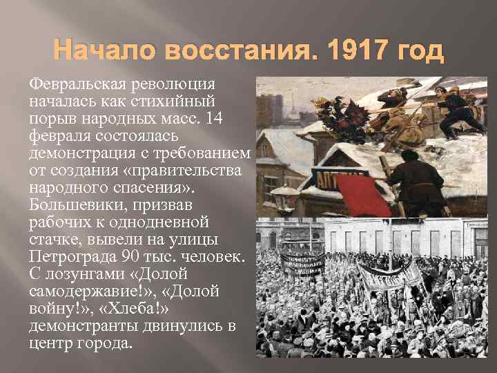 Начало восстания. 1917 год Февральская революция началась как стихийный порыв народных масс. 14 февраля