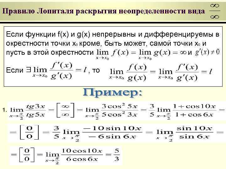 Правило Лопиталя раскрытия неопределенности вида Если функции f(x) и g(x) непрерывны и дифференцируемы в