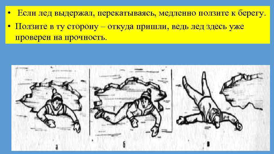  • Если лед выдержал, перекатываясь, медленно ползите к берегу. • Ползите в ту