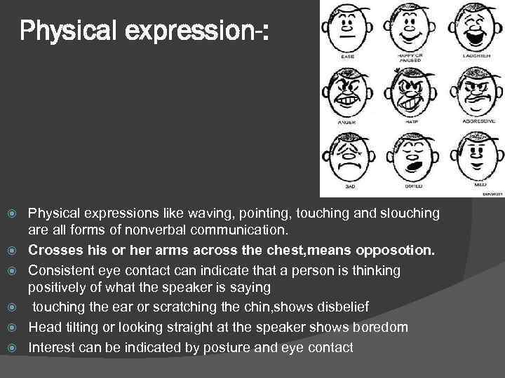 Physical expression-: Physical expressions like waving, pointing, touching and slouching are all forms of