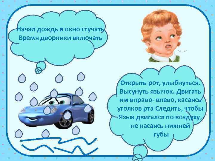 Начал дождь в окно стучать Время дворники включать Открыть рот, улыбнуться. Высунуть язычок. Двигать