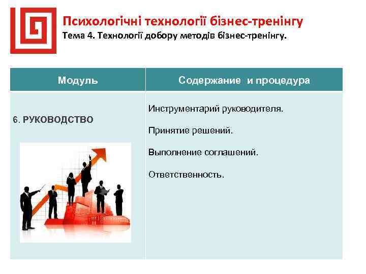 Психологічні технології бізнес-тренінгу Тема 4. Технології добору методів бізнес-тренінгу. Модуль Содержание и процедура Инструментарий