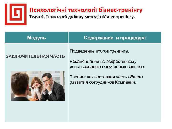 Психологічні технології бізнес-тренінгу Тема 4. Технології добору методів бізнес-тренінгу. Модуль Содержание и процедура Подведение